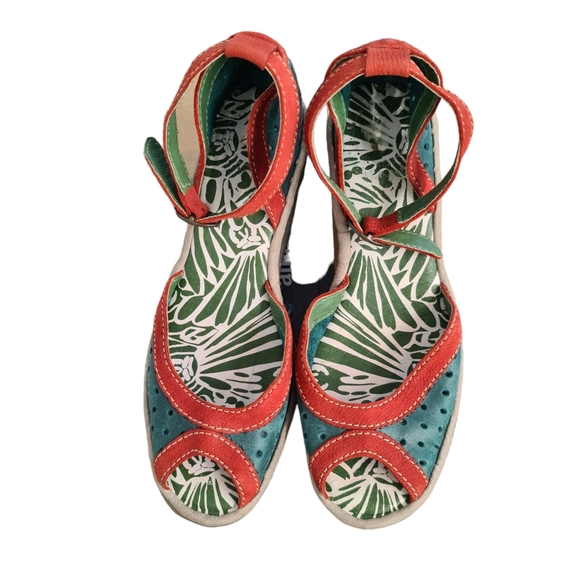 Fly London Ydel Sandals Petrol Red Perforated Leather Wedge Heel UK 4 Size 37 - Picture 6 of 14